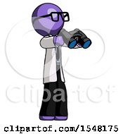 Purple Doctor Scientist Man Holding Binoculars Ready To Look Right