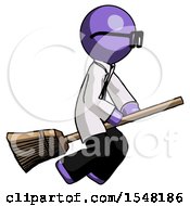 Purple Doctor Scientist Man Flying On Broom