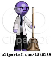 Poster, Art Print Of Purple Doctor Scientist Man Standing With Broom Cleaning Services