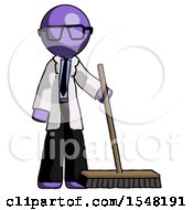 Purple Doctor Scientist Man Standing With Industrial Broom