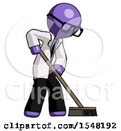 Poster, Art Print Of Purple Doctor Scientist Man Cleaning Services Janitor Sweeping Side View