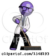 Poster, Art Print Of Purple Doctor Scientist Man Cleaning Services Janitor Sweeping Floor With Push Broom