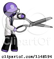 Poster, Art Print Of Purple Doctor Scientist Man Holding Giant Scissors Cutting Out Something