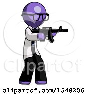 Poster, Art Print Of Purple Doctor Scientist Man Shooting Automatic Assault Weapon