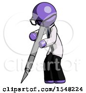 Purple Doctor Scientist Man Cutting With Large Scalpel