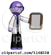 Purple Doctor Scientist Man Showing Clipboard To Viewer