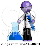 Purple Doctor Scientist Man Holding Test Tube Beside Beaker Or Flask