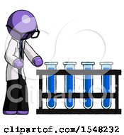 Purple Doctor Scientist Man Using Test Tubes Or Vials On Rack