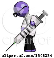Poster, Art Print Of Purple Doctor Scientist Man Using Syringe Giving Injection