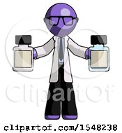 Purple Doctor Scientist Man Holding Two Medicine Bottles