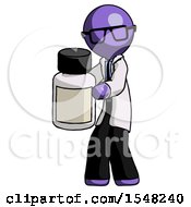 Purple Doctor Scientist Man Holding White Medicine Bottle