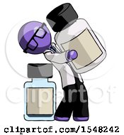 Purple Doctor Scientist Man Holding Large White Medicine Bottle With Bottle In Background