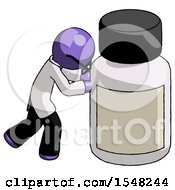 Purple Doctor Scientist Man Pushing Large Medicine Bottle