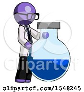 Purple Doctor Scientist Man Standing Beside Large Round Flask Or Beaker