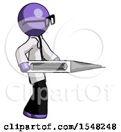 Purple Doctor Scientist Man Walking With Large Thermometer