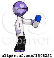 Purple Doctor Scientist Man Holding Blue Pill Walking To Right