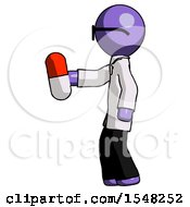Poster, Art Print Of Purple Doctor Scientist Man Holding Red Pill Walking To Left
