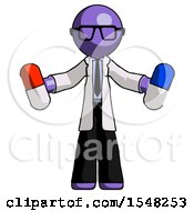 Purple Doctor Scientist Man Holding A Red Pill And Blue Pill