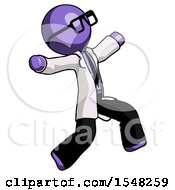 Poster, Art Print Of Purple Doctor Scientist Man Running Away In Hysterical Panic Direction Right