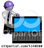 Purple Doctor Scientist Man Beside Large Laptop Computer Leaning Against It