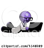 Poster, Art Print Of Purple Doctor Scientist Man Using Laptop Computer While Lying On Floor Side Angled View