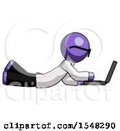 Poster, Art Print Of Purple Doctor Scientist Man Using Laptop Computer While Lying On Floor Side View