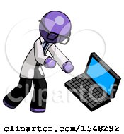 Purple Doctor Scientist Man Throwing Laptop Computer In Frustration