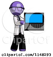 Purple Doctor Scientist Man Holding Laptop Computer Presenting Something On Screen