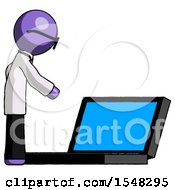 Poster, Art Print Of Purple Doctor Scientist Man Using Large Laptop Computer Side Orthographic View