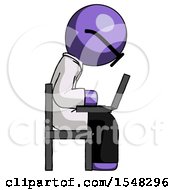 Poster, Art Print Of Purple Doctor Scientist Man Using Laptop Computer While Sitting In Chair View From Side