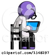 Poster, Art Print Of Purple Doctor Scientist Man Using Laptop Computer While Sitting In Chair View From Back