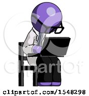 Poster, Art Print Of Purple Doctor Scientist Man Using Laptop Computer While Sitting In Chair Angled Right