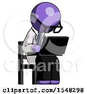 Purple Doctor Scientist Man Using Laptop Computer While Sitting In Chair Angled Right