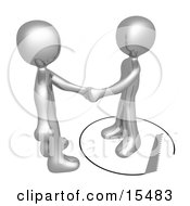 Unsuspecting Silver Man Shaking Hands On A Deal With Another Man As A Saw Cuts A Circle Out From Under Him Clipart Illustration Image