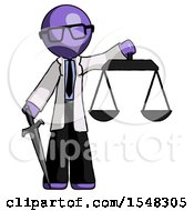 Poster, Art Print Of Purple Doctor Scientist Man Justice Concept With Scales And Sword Justicia Derived
