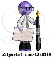Poster, Art Print Of Purple Doctor Scientist Man Holding Large Envelope And Calligraphy Pen