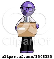 Purple Doctor Scientist Man Holding Box Sent Or Arriving In Mail