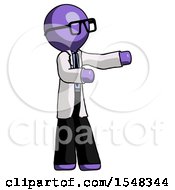 Purple Doctor Scientist Man Presenting Something To His Left