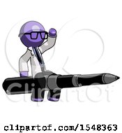 Purple Doctor Scientist Man Riding A Pen Like A Giant Rocket