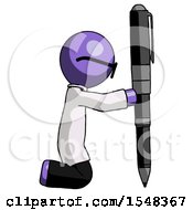 Purple Doctor Scientist Man Posing With Giant Pen In Powerful Yet Awkward Manner