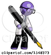 Purple Doctor Scientist Man Drawing Or Writing With Large Calligraphy Pen