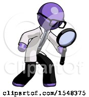 Poster, Art Print Of Purple Doctor Scientist Man Inspecting With Large Magnifying Glass Right