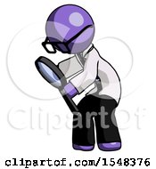Purple Doctor Scientist Man Inspecting With Large Magnifying Glass Left