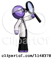Purple Doctor Scientist Man Inspecting With Large Magnifying Glass Facing Up