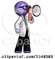 Poster, Art Print Of Purple Doctor Scientist Man Shouting Into Megaphone Bullhorn Facing Right