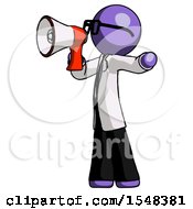 Poster, Art Print Of Purple Doctor Scientist Man Shouting Into Megaphone Bullhorn Facing Left