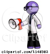 Poster, Art Print Of Purple Doctor Scientist Man Holding Megaphone Bullhorn Facing Right