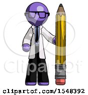 Purple Doctor Scientist Man With Large Pencil Standing Ready To Write