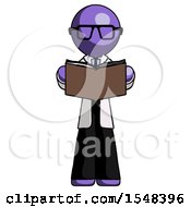 Poster, Art Print Of Purple Doctor Scientist Man Reading Book While Standing Up Facing Viewer