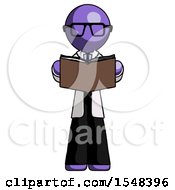 Purple Doctor Scientist Man Reading Book While Standing Up Facing Viewer